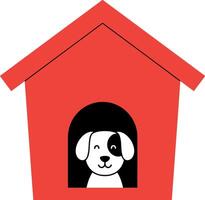 Happy dog peeking out from a bright red dog house in minimal art vector