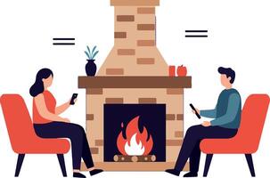 Two people relaxing by a cozy fireplace in a flat minimal style illustration vector