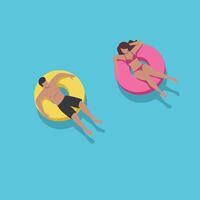 Two relaxed individuals floating on colorful inner tubes in a bright blue pool, flat art vector