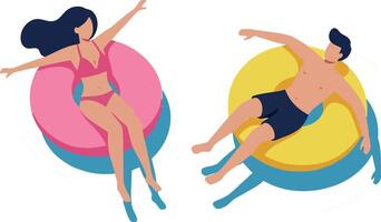 Two people relaxing on colorful inflatable tubes in a flat illustration vector