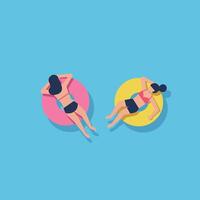 Two women relaxing on colorful pool floats in a serene summer setting flat illustration vector