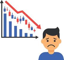 Concerned man with sad expression looking at declining graph in flat illustration vector