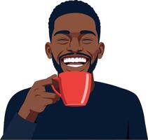 Happy man enjoying a warm beverage while smiling in flat art vector