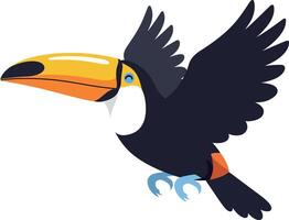 Colorful toucan in flight with vibrant plumage and dynamic wings in flat art vector
