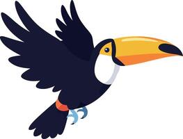 Colorful toucan in flight with vibrant wings and a large beak, flat art vector