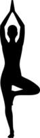 Silhouette of a woman practicing yoga in a tree pose with a minimal flat design art vector