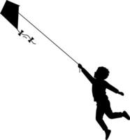 Silhouette of a joyful child flying a kite against a minimalistic background in flat art vector