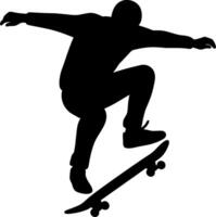 Silhouette of a skateboarder performing an airborne trick in dynamic flat art vector