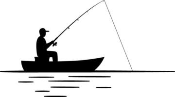 Fisherman casting a line from a small boat in minimalist black and white art vector