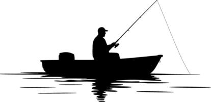 Fisherman casting a line from a small boat in a calm lake minimalist art vector
