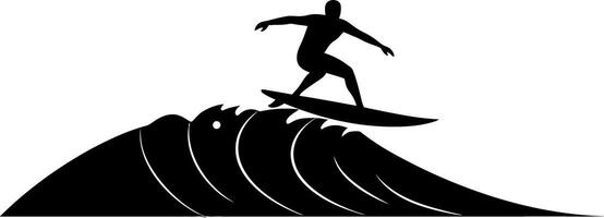 Surfer riding a cresting wave in dynamic pose, minimal black silhouette art vector