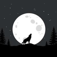 Howling wolf silhouette against a large moon with a minimal black and white design in art vector