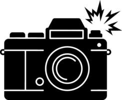 Black camera with flash in minimal design showcasing photography equipment art vector