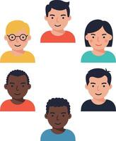 Six diverse cartoon characters in minimal style showcasing friendship and teamwork in flat art vector