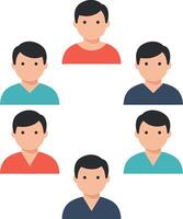 Group of six diverse men in colorful shirts engaging in teamwork flat art vector