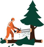 A lumberjack in orange gear using a chainsaw to cut down a green tree in flat art vector
