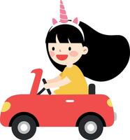Happy girl with unicorn headband driving a red car in flat art vector