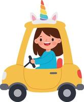 Happy girl driving a yellow toy car with unicorn features in a playful flat illustration vector