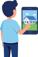 Young boy interacting with smartphone displaying a house in flat art vector