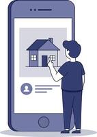 Person interacting with smartphone displaying house image in minimal flat art vector