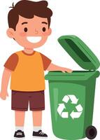 Young boy smiling while recycling waste into a green bin in a flat illustration vector