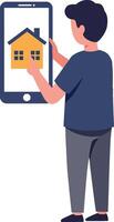 Young man using smartphone to visualize a house design in flat art vector