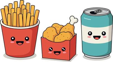 Cute fast food characters including fries, chicken nuggets, and soda in a colorful flat illustration vector