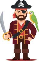 Pirate character with sword and parrot in flat illustration style vector