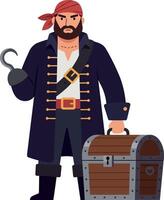 Pirate character holding a treasure chest in flat art style with a confident expression vector