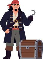Pirate character with a hook hand standing next to a treasure chest in flat art vector