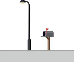Simple street scene featuring a black lamp post and a mailbox in flat art vector