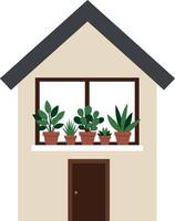A small house with green plants on the window ledge in flat art vector