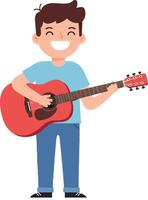 Joyful boy playing a red guitar with a cheerful expression in a flat illustration vector