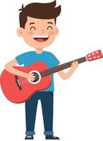 Happy boy playing a red guitar in a flat design illustration vector