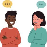 Two friends engaging in a cheerful conversation with colorful speech bubbles in a flat illustration vector