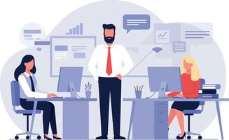 Office team discussing strategy in a flat design illustration vector