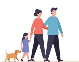 Family walking together with a dog in a minimal and colorful illustration vector