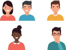Four diverse individuals smiling and thinking in a flat, minimal design illustration vector