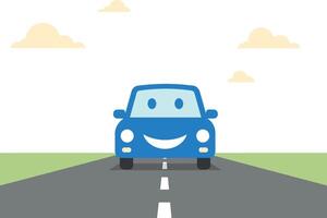 Blue happy car driving on a road with green fields and clouds in a flat illustration vector