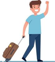 Happy traveler with a suitcase in a flat art style vector