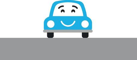 Smiling blue car on a grey road in flat illustration style vector