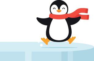 Happy penguin wearing a red scarf joyfully sliding on ice in flat illustration vector