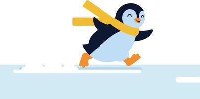 A cheerful penguin wearing a yellow scarf joyfully running on ice in flat art vector