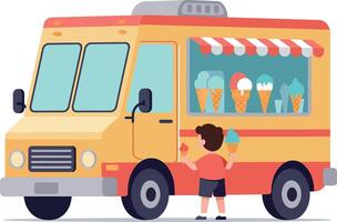 A cheerful boy enjoying ice cream from a colorful food truck in flat art vector