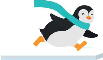 Playful penguin in a vibrant scarf dashing across an icy surface in flat art vector