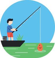 A child fishing joyfully from a small boat in a serene lake with flat art vector