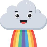 Happy cloud character with a vibrant rainbow pouring down in flat art vector