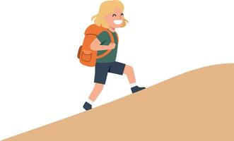 Child with a backpack climbing a sandy hill in a cheerful flat illustration vector