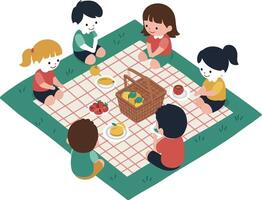 Group of children enjoying a picnic on a green blanket in a flat illustration vector
