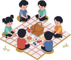 Group of children enjoying a picnic on a checkered blanket in flat illustration vector